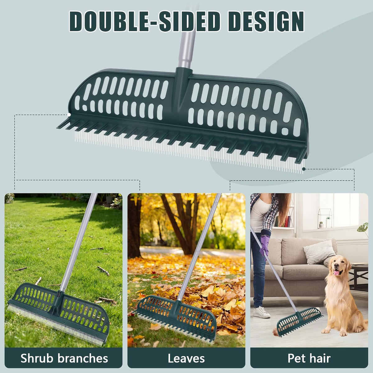 Artificial Turf Rake with 18in Double-Sided Heads, 32-61 Inch Turf Brush Grass Rake for Artificial