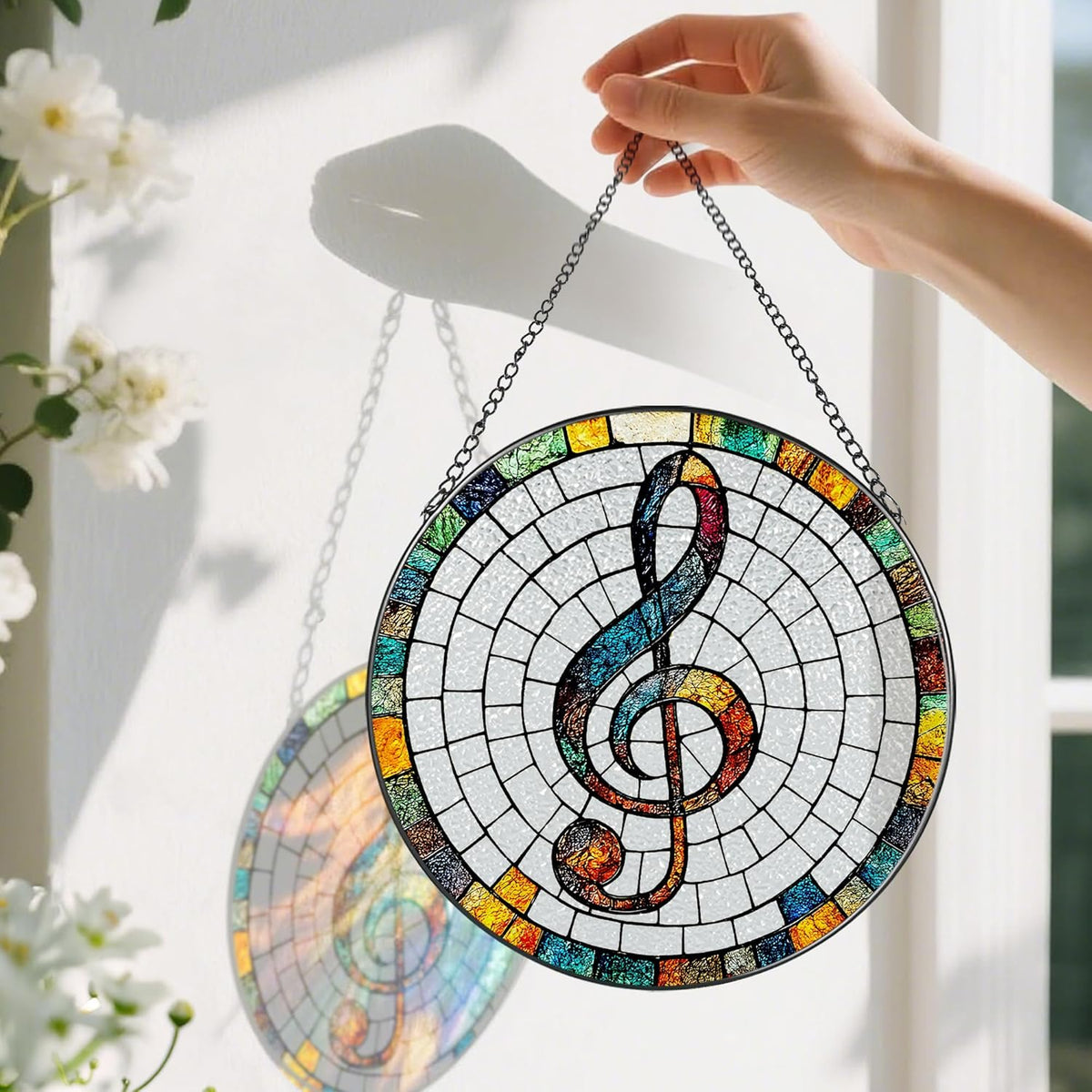 Stained Glass Window Hanging, Pauyadu 8 Inch Musical Stained Glass Suncatcher, Window Decor