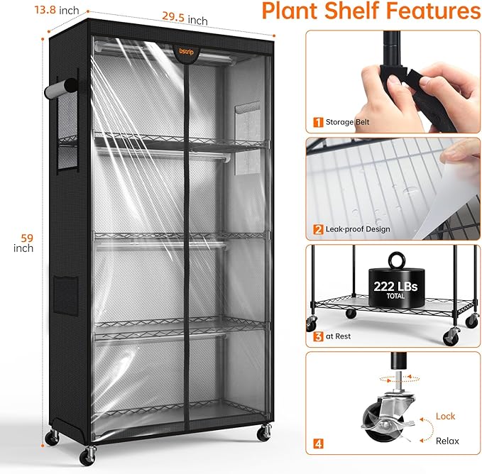 Bstrip Indoor Greenhouse with Grow Light, Plant Stand with 4 Pack 24W Full Spectrum Plant Lights