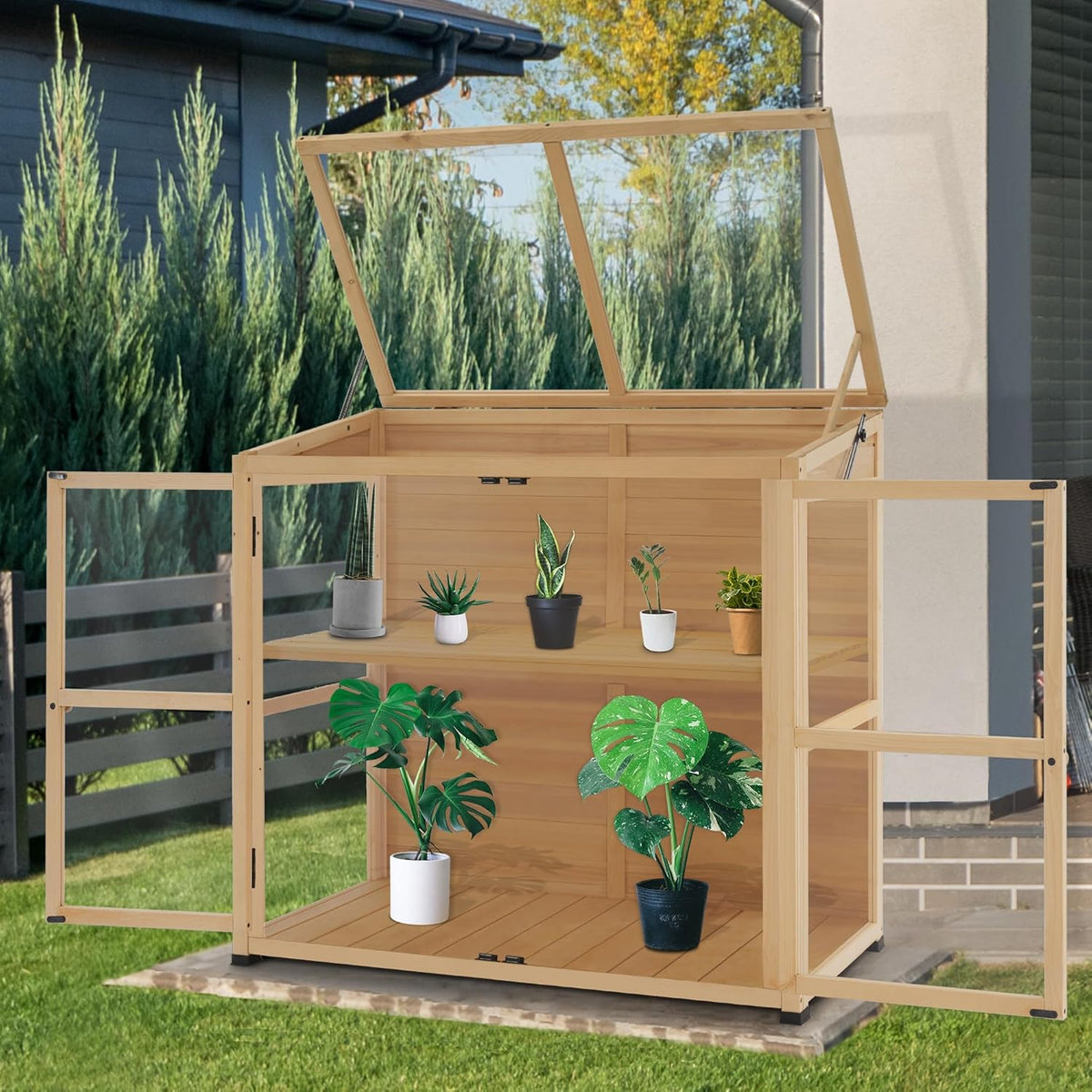 Macrout Wooden Cold Frame Greenhouse Cabinet Kit with Adjustable Shelf and Lockable Door, Fully