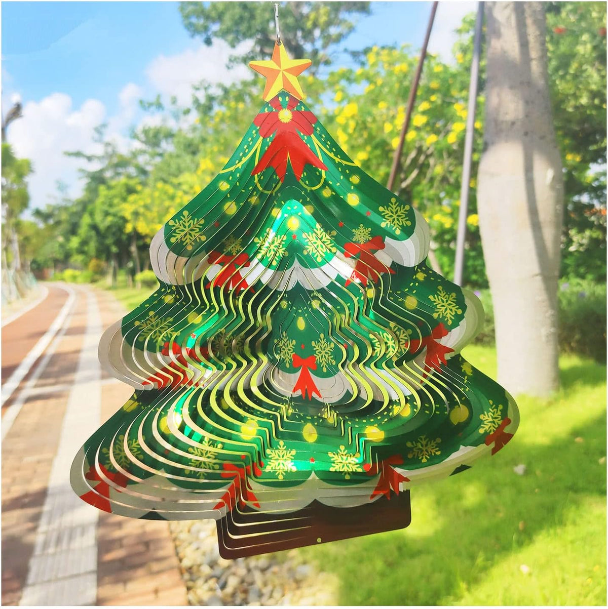 Christmas 3D Wind Spinners Ornament, 12in Large Stainless Steel Outdoor Christma Tree for Winter
