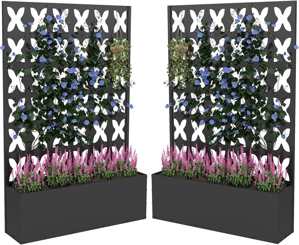 2PCS Metal Planter Box with Trellis,70.9"x47.2"x15.7" Raised Garden Bed with Drainage Holes