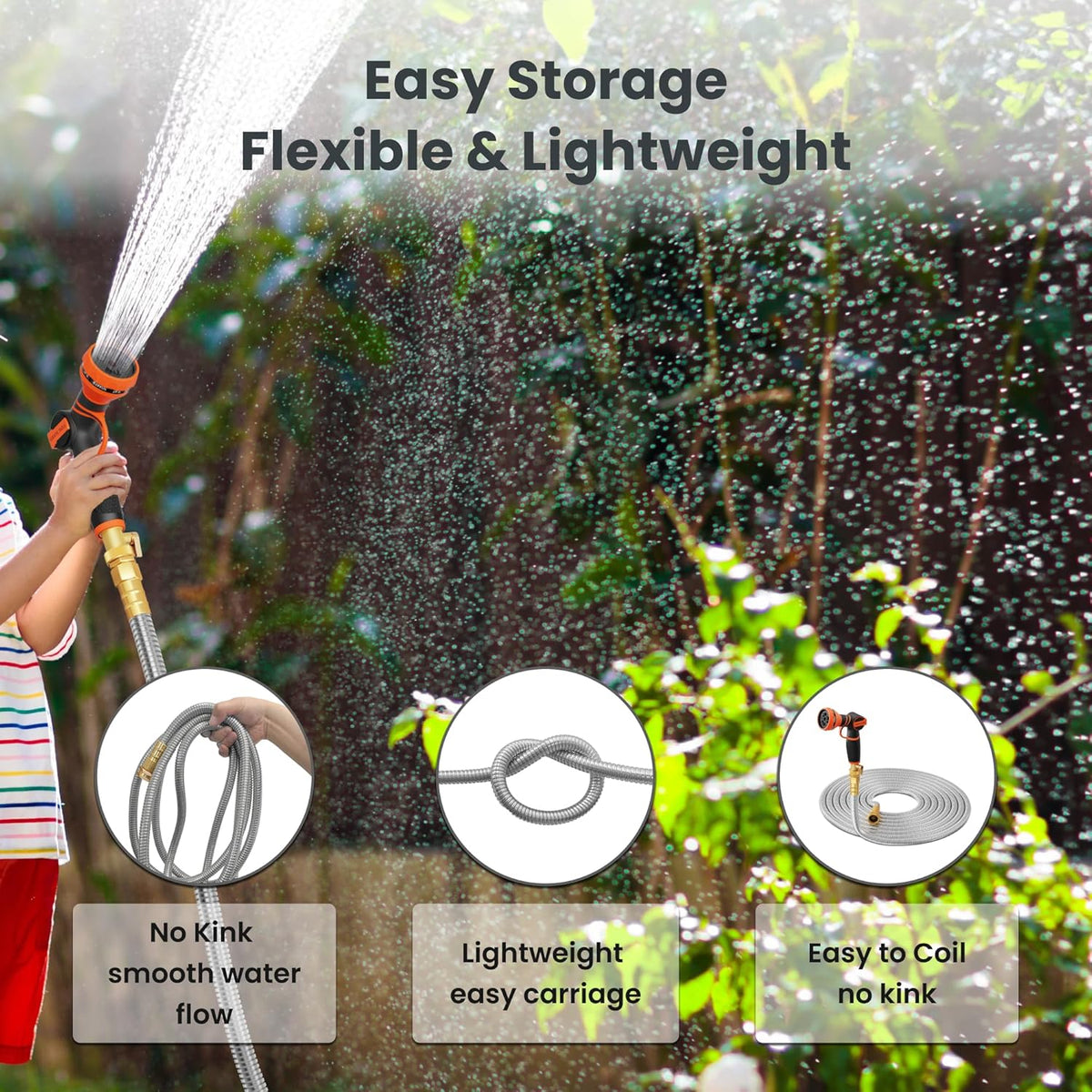 Girafe Tools Garden Hose 100ft x 5/8", 304 Stainless Steel Metal Water Hose, No Kink Garden Water
