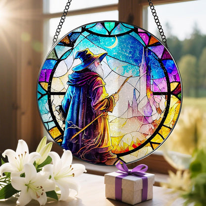 Stained Glass Window Hanging, LAOWEIKI 8'' Witch Suncatcher, Stained Glass Ornament, Suncatchers