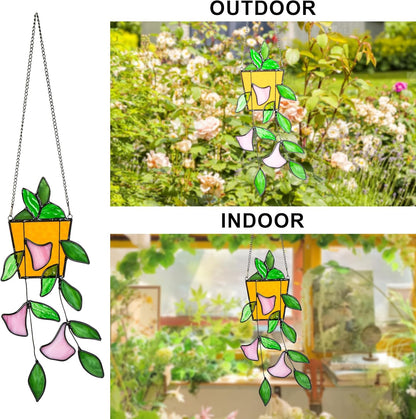 Plant Stained Glass Window Hanging, Green Leaf Morning Glory Stained Glass Suncatchers Plant