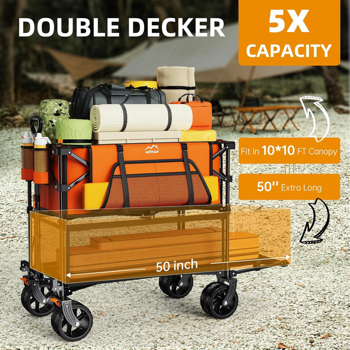 Foldable 50''L Extra Long Double Decker Wagon for Sport, 400L Collapsible Heavy Duty Wagon Cart