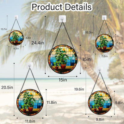 Stained Glass Window Hanging Green Potted Plants Large 11.8" - Suncatcher Door Garden Sun Catcher
