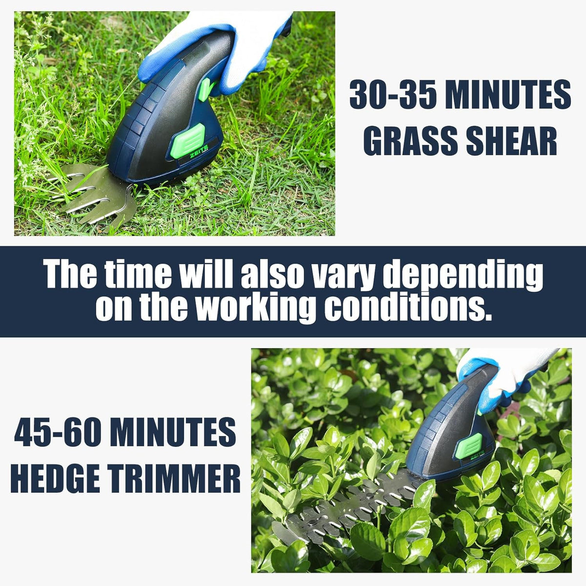 ZEITE 7.2V Grass Shear & Shrubbery Trimmer, 2-in-1 Cordless Grass Cutter and Mini Hedge Trimmer
