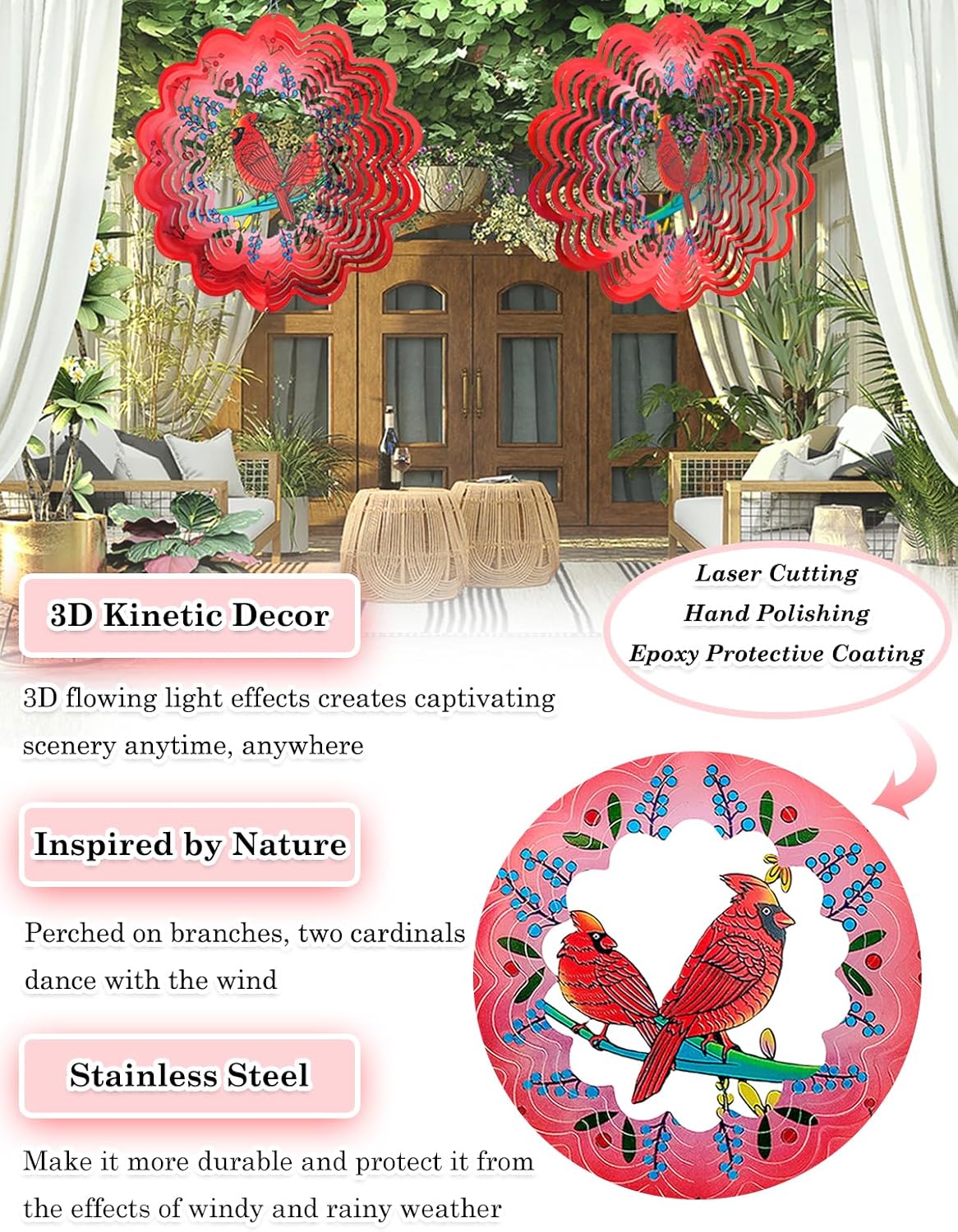 Cardinal Wind Spinners Outdoor Garden Decor for Outside - 12 Inch 3D Stainless Steel Metal Wind