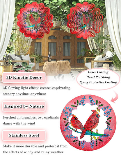 Cardinal Wind Spinners Outdoor Garden Decor for Outside - 12 Inch 3D Stainless Steel Metal Wind
