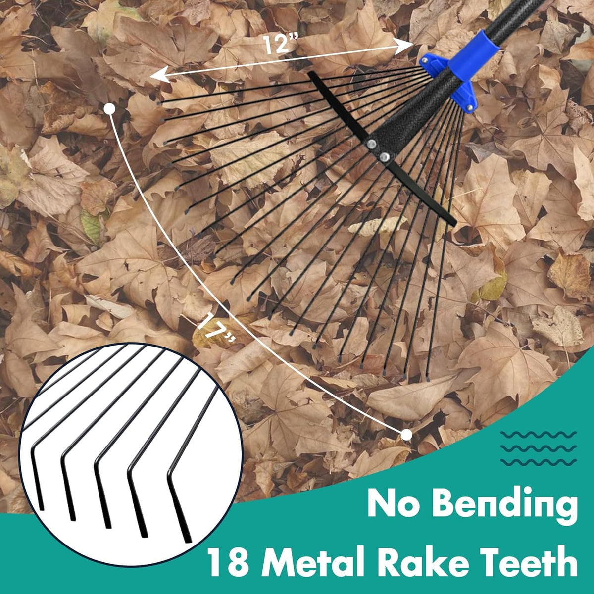 Rake, Leaf Rake with Expandable Head,18 Teeth, Adjustable 53 Inch Long Handle, 17 Inch Wide, Heavy