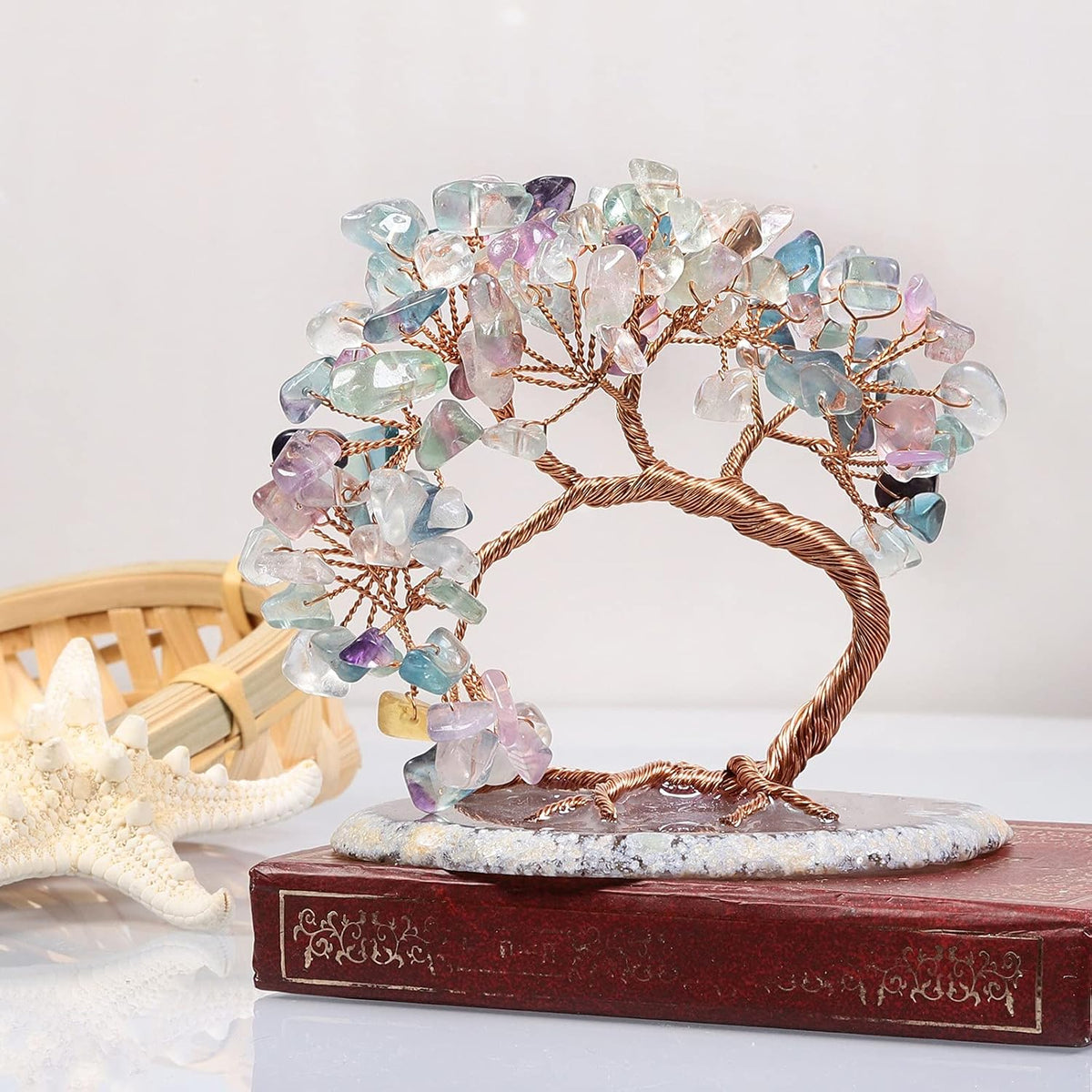 TUMBEELLUWA Reiki Crystal Money Tree with Agate Slice Base Feng Shui Stone Bonsai Tree Figure Decor