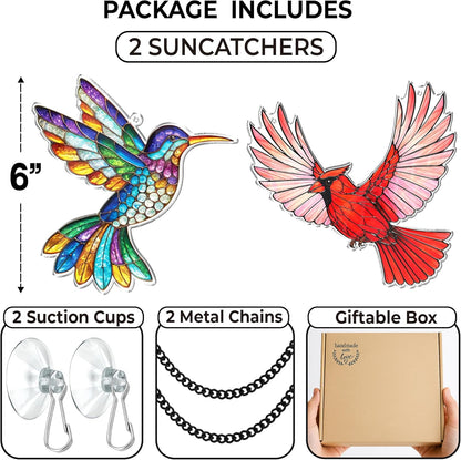 2 Cardinal Hummingbird Acrylic Suncatchers, Bird Window Hanging Ornaments, Fall Decorations for