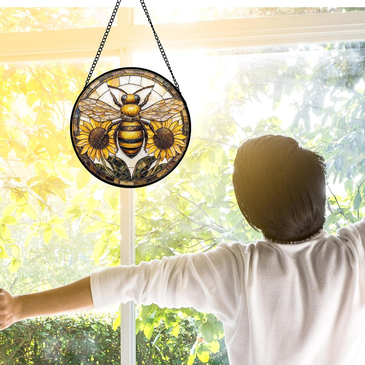 Stained Glass Window Hanging - Bee Sunflower Yellow Suncatcher Ready to Hang Window Doors Home