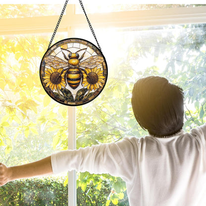 Stained Glass Window Hanging - Bee Sunflower Yellow Suncatcher Ready to Hang Window Doors Home