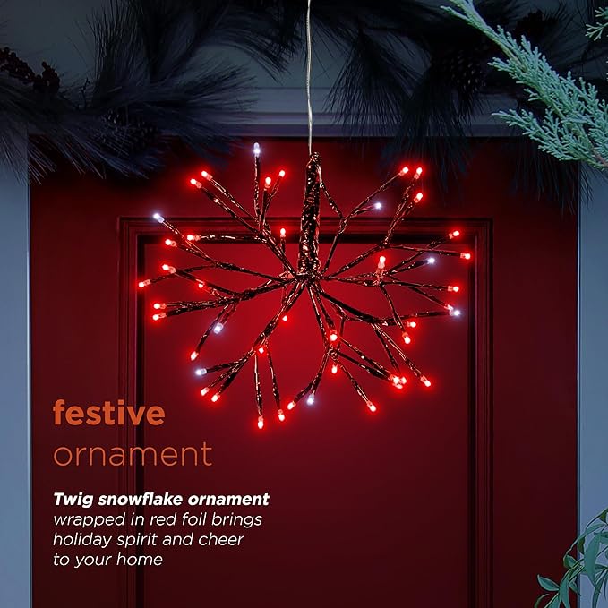 Alpine Corporation 10" H Indoor Christmas Twig 3D Hanging Snowflake Ornament with LED Lights, Red