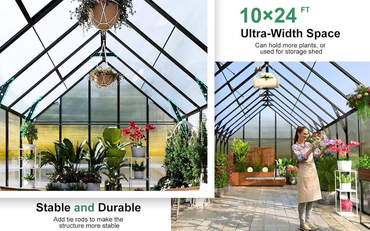 CDCASA 24x10x10 FT Greenhouse for Outdoors, Large Thicker Aluminum Heavy Duty Polycarbonate