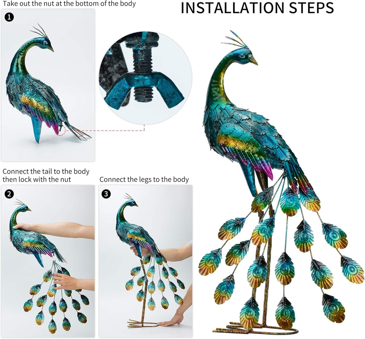 Kircust Metal Peacock Sculptures - Set of 2 Outdoor Garden Yard Art, Durable Weather-Resistant Lawn