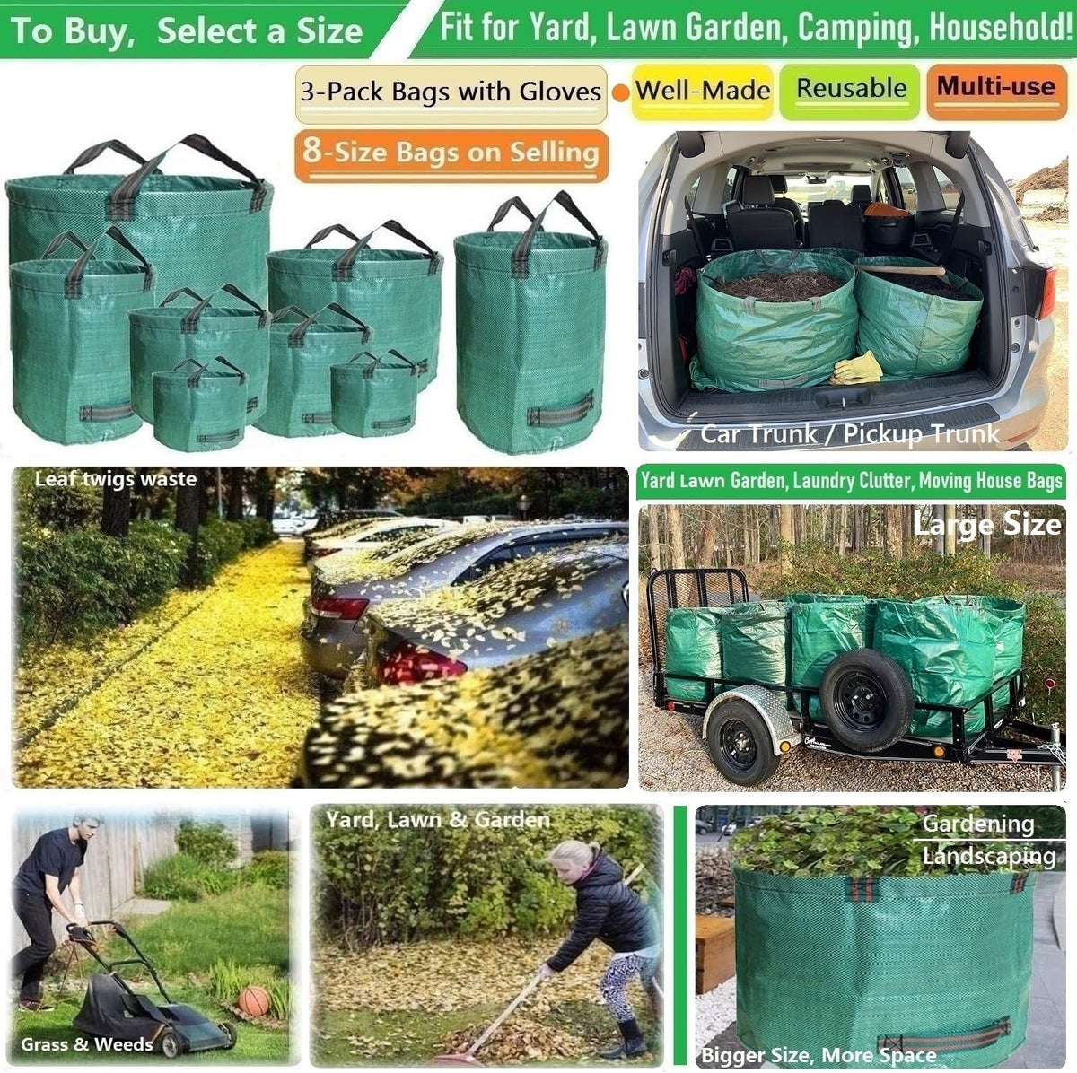 Professional 3-Pack 137 Gallon Lawn Garden Bags (D34, H34 inches) Big Yard Waste Bags with Garden