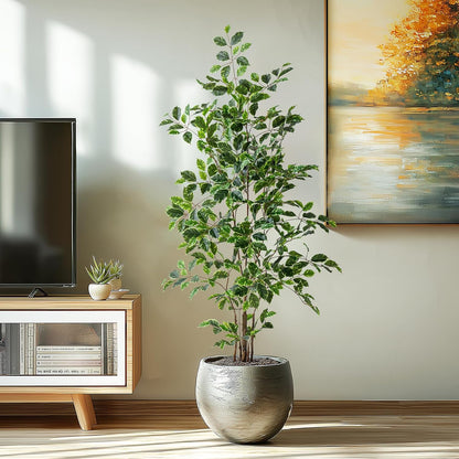 Artificial Ficus Tree Indoor 5ft, Large Potted Faux Tree with Realistic Silk Leaves & Trunk for