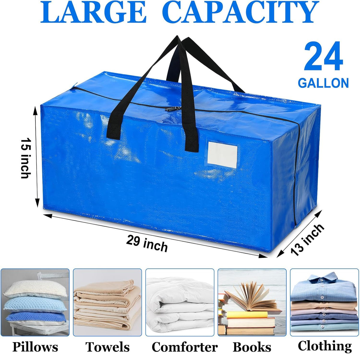 4 Pcs 24 Gallon Large Moving Bags with Zipper and Handles Foldable Storage Duffle Bags Heavy Duty