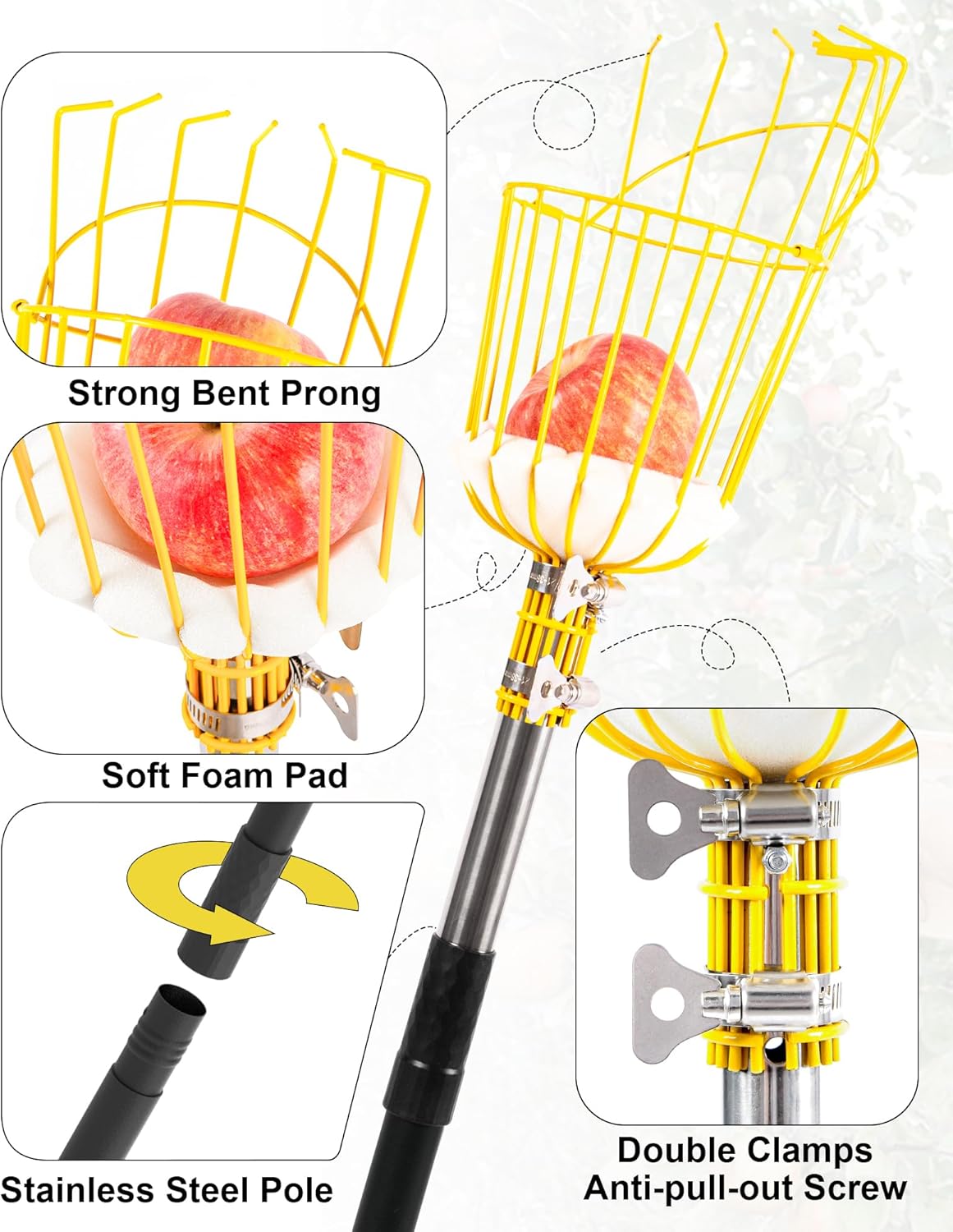 6.5FT Fruit Picker, Apple Picker Tool with Adjustable Pole and Basket, Long Reach Mango Grabber