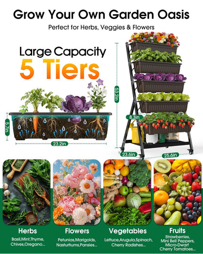 Olaiti 5-Tier Vertical Garden Bed Planter Boxes with Wheels, Drainage System & Storage Space