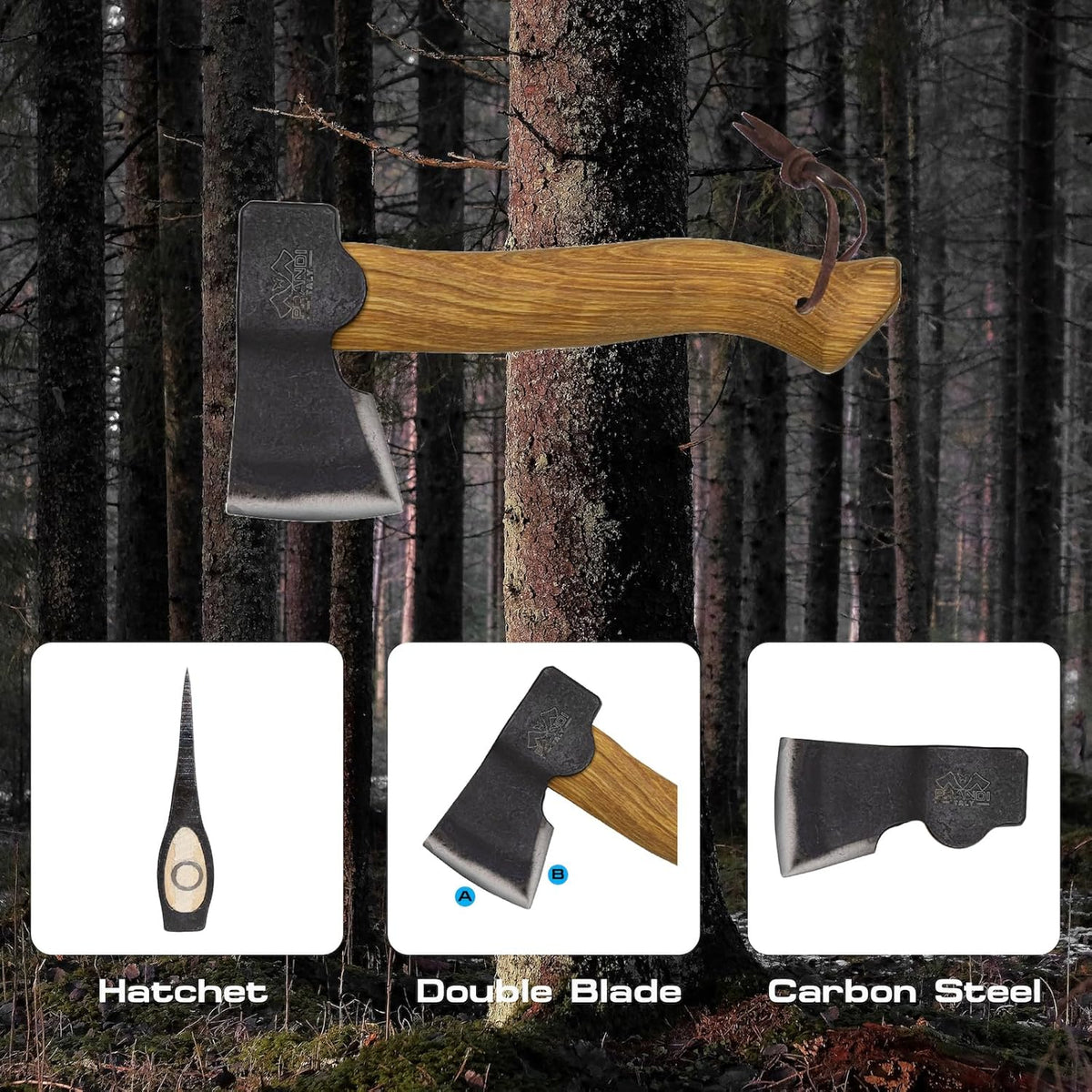 Prandi Segurin Hatchet 88 lb - Hickory Handle 11in with Leather String - Ideal for Camping, Travel