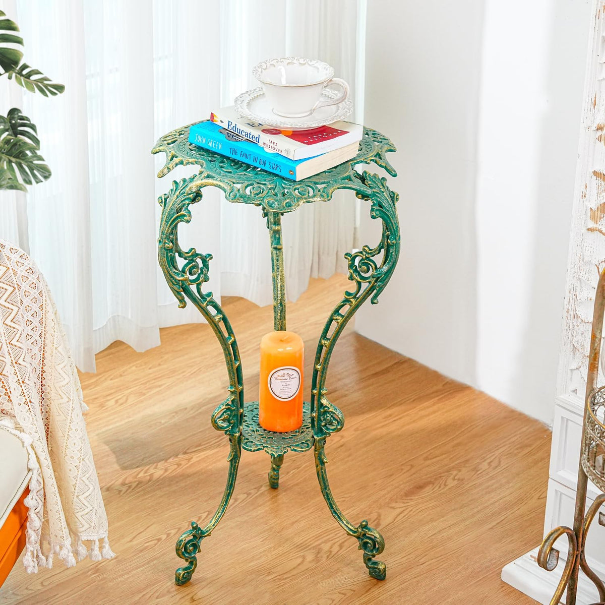 Sungmor Vintage Cast Iron Plant Stand - Ornate Green Pedestal Table for Indoor Outdoor Garden