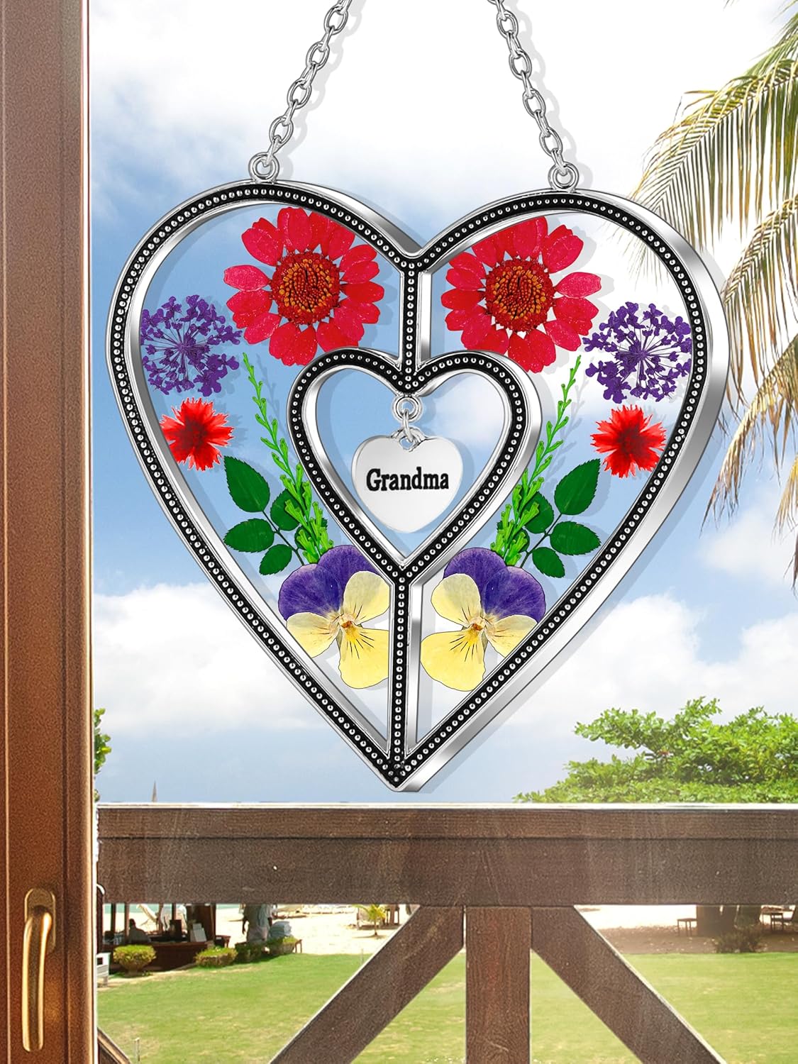KY&BOSAM Suncatcher Grandma Gifts Heart Stained Glass Wind Chimes for Outside Really Flower