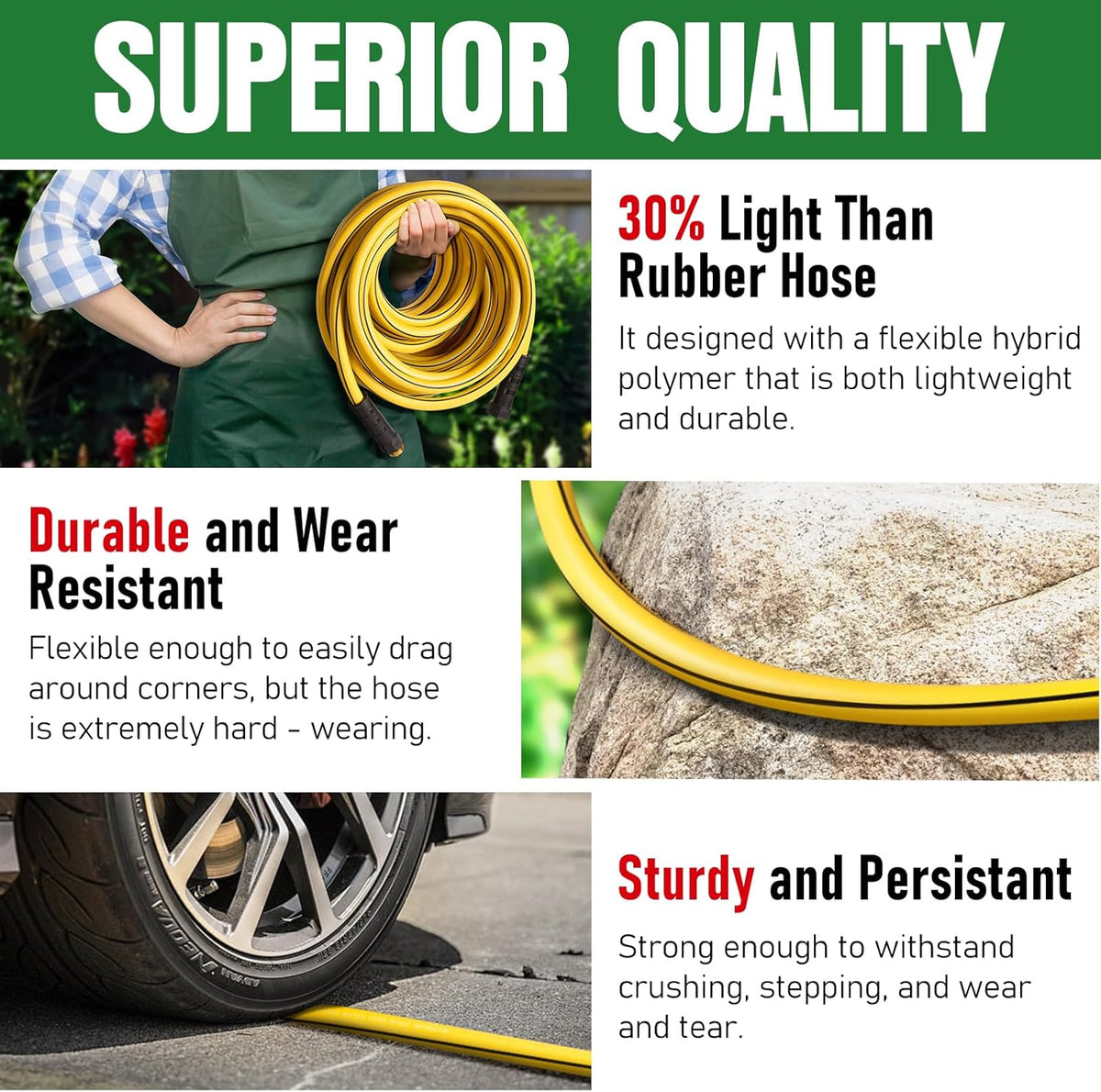 Heavy Duty Garden Hose 25ft x 5/8", NON-EXPANDABLE Flexible Water Hose for Outside, Kink Resistant