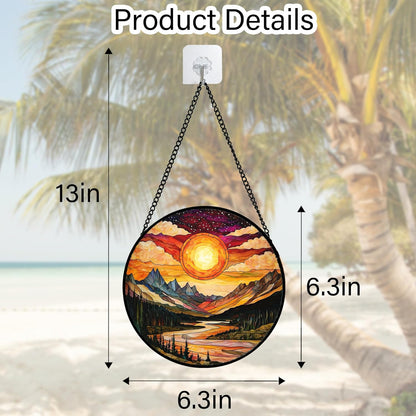 Stained Glass Window Hanging, Dusk Sunset Landscape Sun Catchers Glass Panel Lakes and Mountains