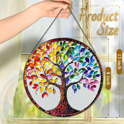 8'' Tree of Life Sun Catcher Ornament, Stained Glass Window Hanging, Suncatchers for Windows