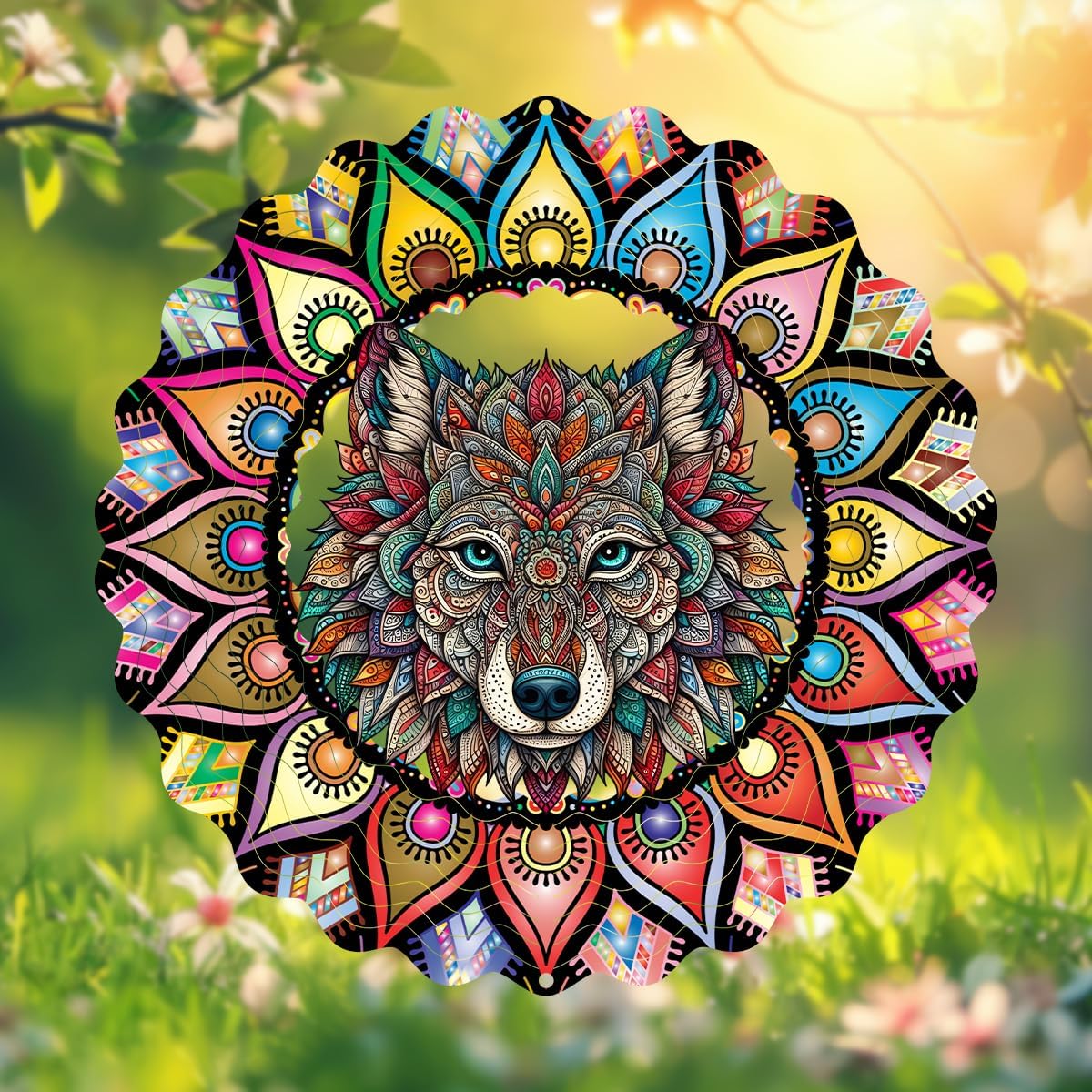 Hanging Wolf Wind Spinner for Outdoor Indoor 3D Stainless Steel Wind Sculptures 10 Inch Cool Animal
