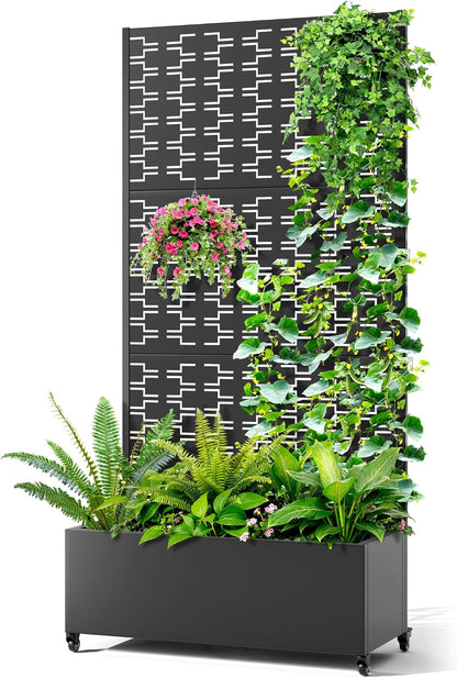 Metal Raised Garden Bed with Trellis, 2-in-1 Planter Box & Privacy Screen for Climbing Plants