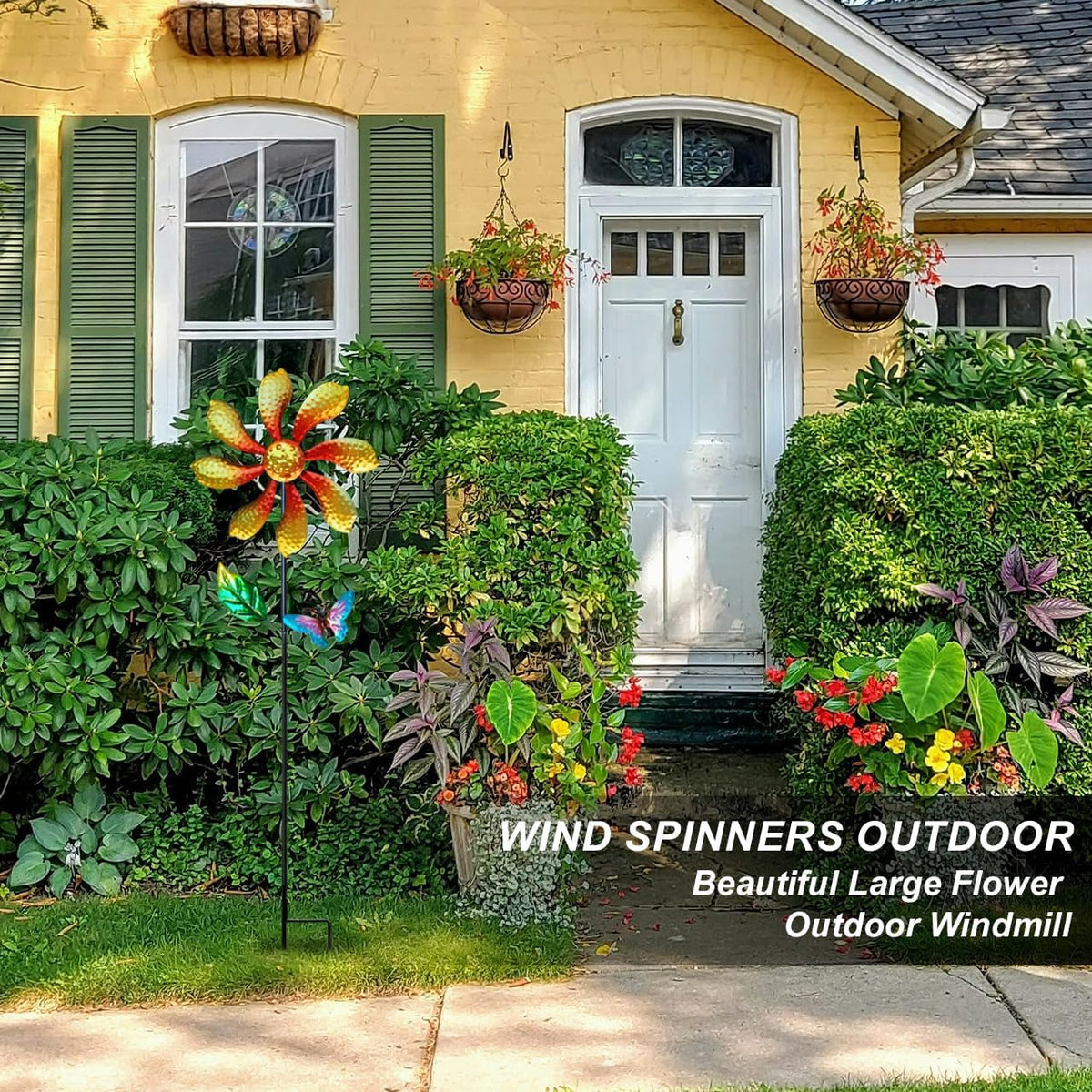 Metal Outdoor Flower Wind Spinner with Yellow Floral & Blue Butterfly, Decorative Kinetic Wind