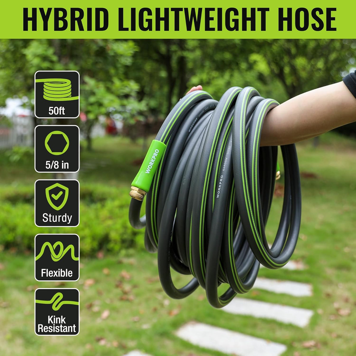 WORKPRO Garden Hose 5/8 IN x 50 FT, Heavy Duty, Flexible and Lightweight Water Hose with Rotary