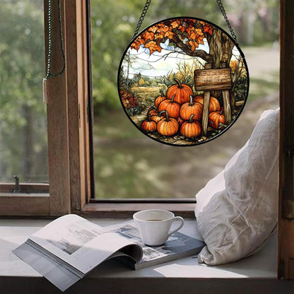 Stained Glass Window Hanging Fall Farm Scenery Maple Trees Pumpkin Large 11.8" - Suncatcher Door