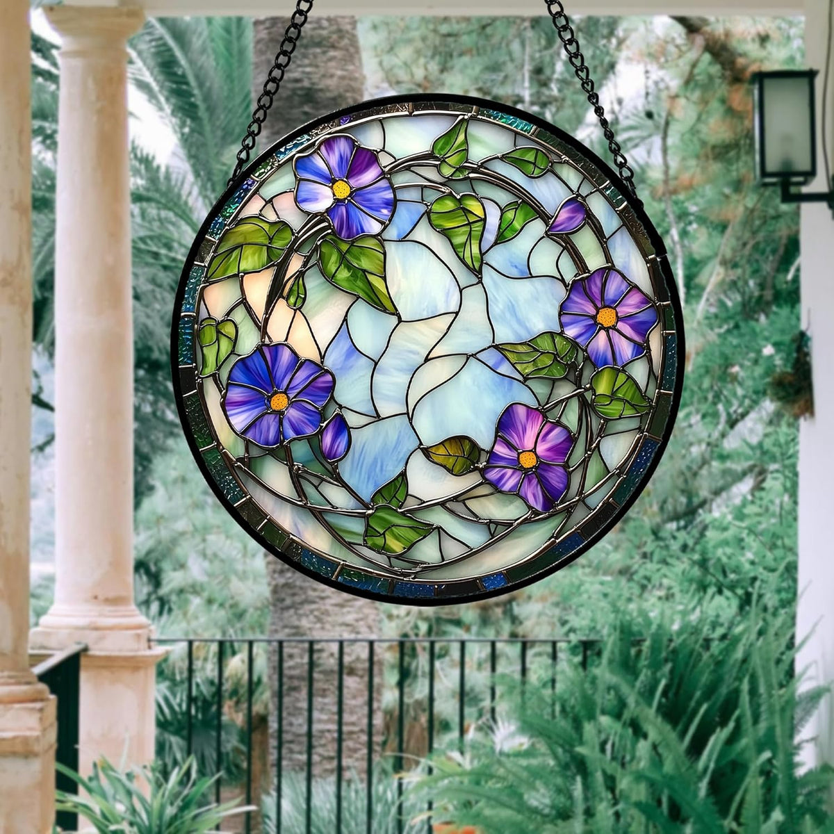 Stained Glass Window Hanging, Purple Morning Glory Flowers Suncatcher for Doors Window Home Plant