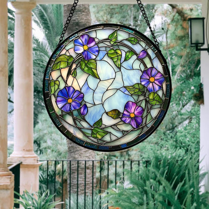 Stained Glass Window Hanging, Purple Morning Glory Flowers Suncatcher for Doors Window Home Plant