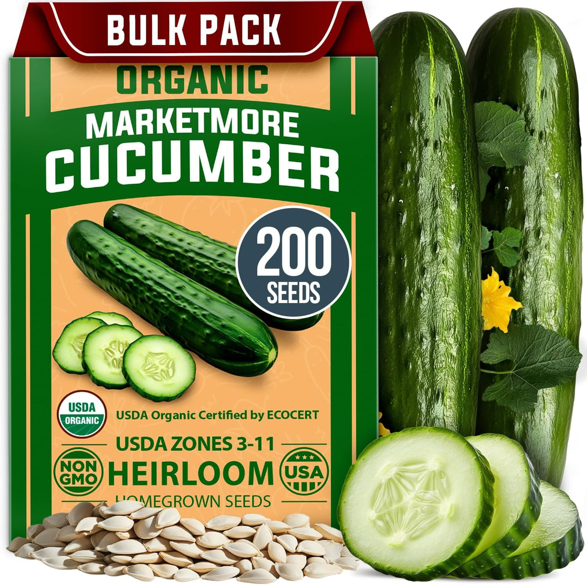 HOME GROWN 𝗨𝗦𝗔 𝗣𝗥𝗘𝗠𝗜𝗨𝗠 Organic Cucumber Seeds - 200 Marketmore Heirloom 𝗡𝗢𝗡-𝗚𝗠𝗢