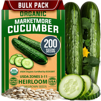 HOME GROWN 𝗨𝗦𝗔 𝗣𝗥𝗘𝗠𝗜𝗨𝗠 Organic Cucumber Seeds - 200 Marketmore Heirloom 𝗡𝗢𝗡-𝗚𝗠𝗢