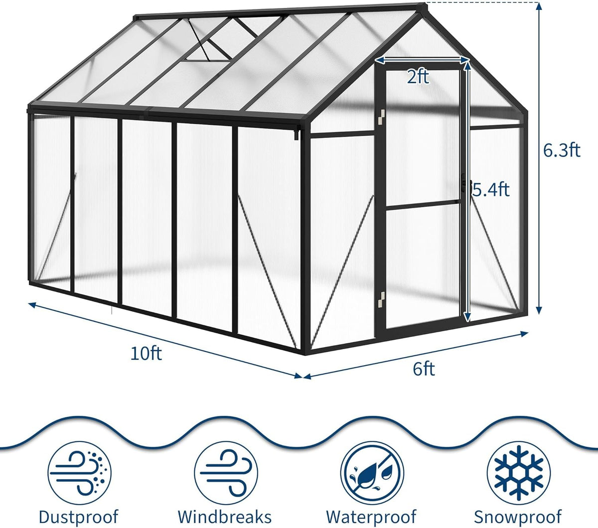 6x10 FT Greenhouse for Outdoors, Polycarbonate Greenhouse with Roof Vent, Ground Nails, Lockable