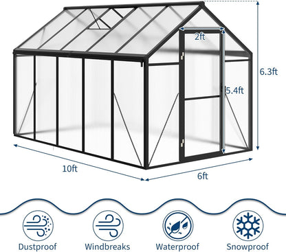 6x10 FT Greenhouse for Outdoors, Polycarbonate Greenhouse with Roof Vent, Ground Nails, Lockable