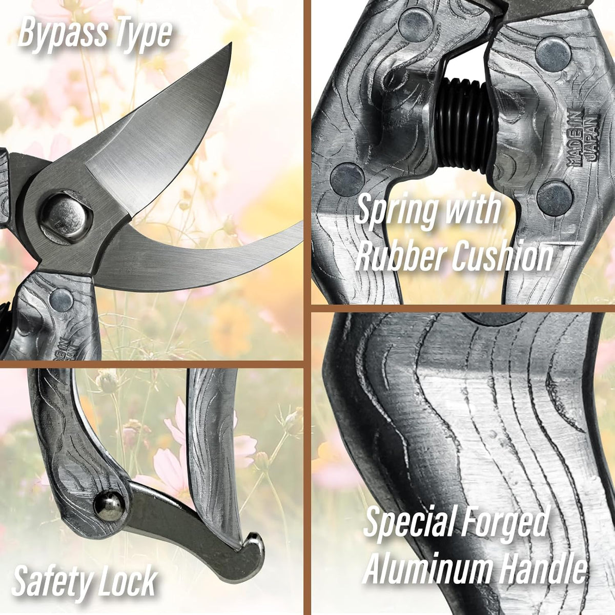 SUIZAN Bypass Pruning Shears 8.3” Plus Forged Aluminum Handle - Professional Japanese Hand Pruners