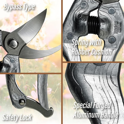 SUIZAN Bypass Pruning Shears 8.3” Plus Forged Aluminum Handle - Professional Japanese Hand Pruners