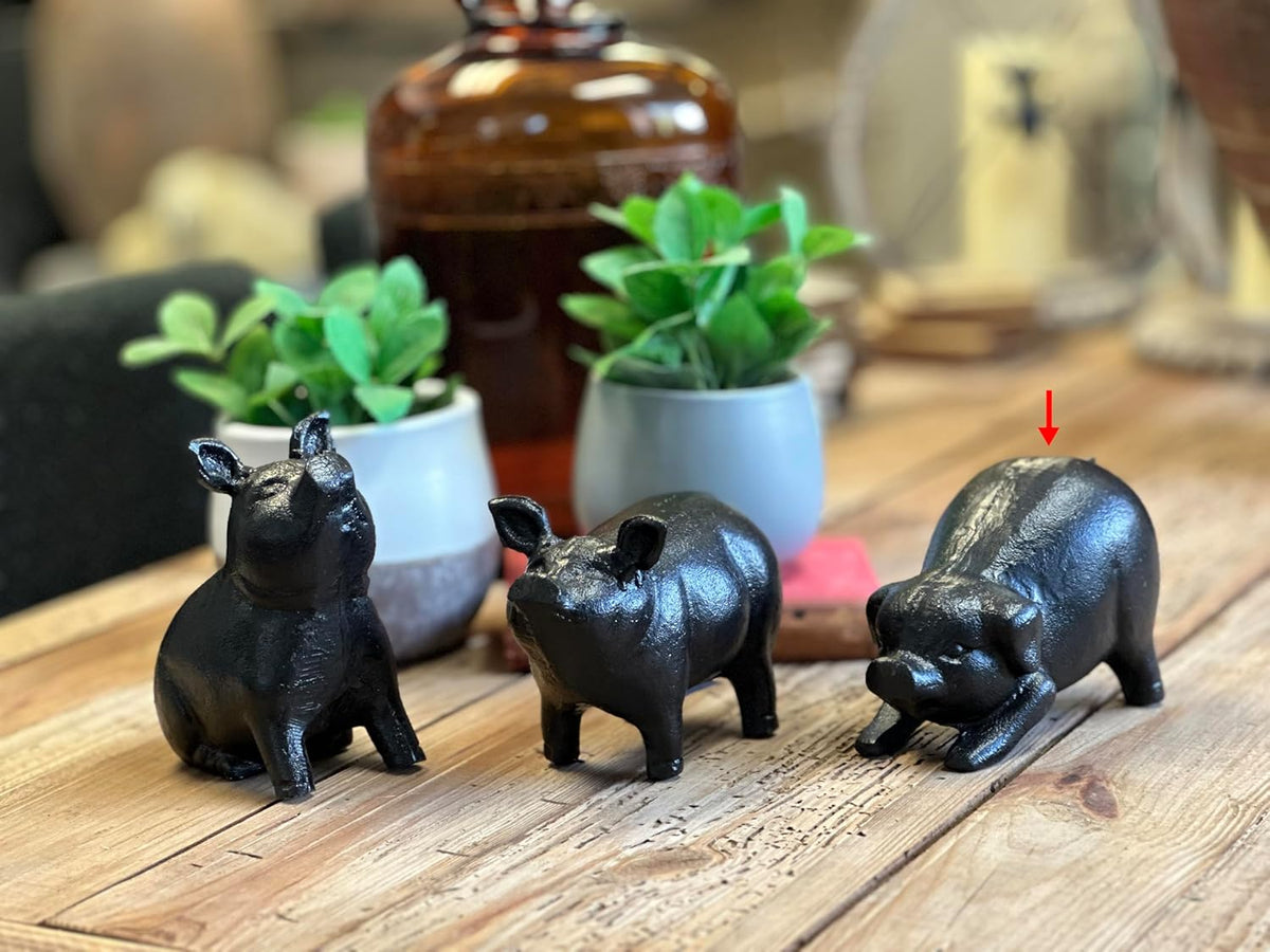 NACH Cast Iron Pig Statue - Rustic Garden Sculpture, Black Door Stop/Paperweight, Head Down Pig