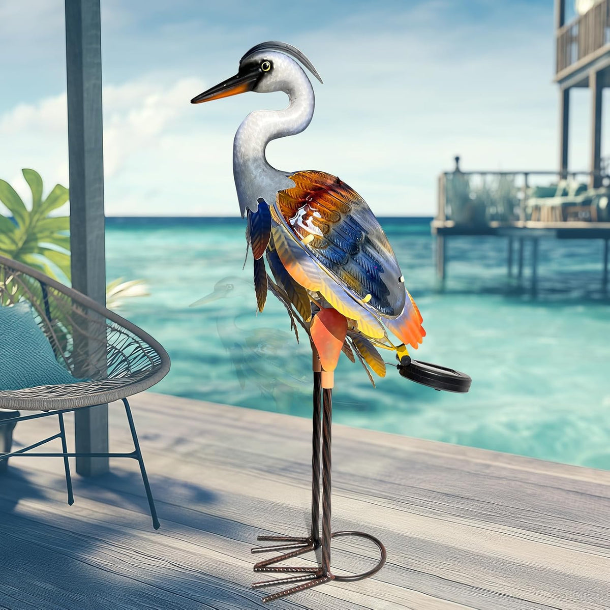 HONGLAND Solar Heron Metal Crane Statue Garden Heron Sculpture, Glass Outdoor Crane Yard Art
