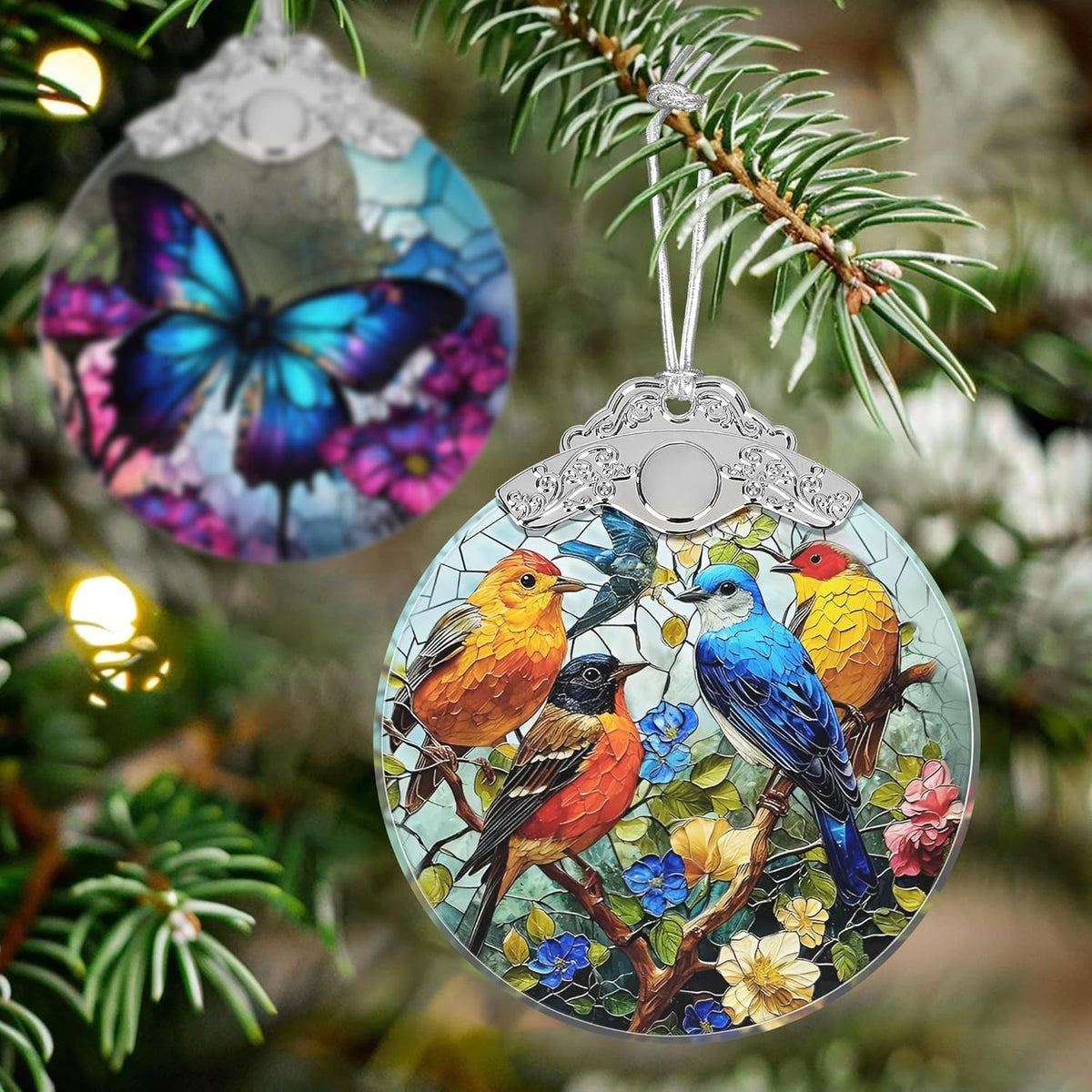 Birds on Branches Stained Glass Orament - Christmas Ornament - Christmas Decorations for Tree