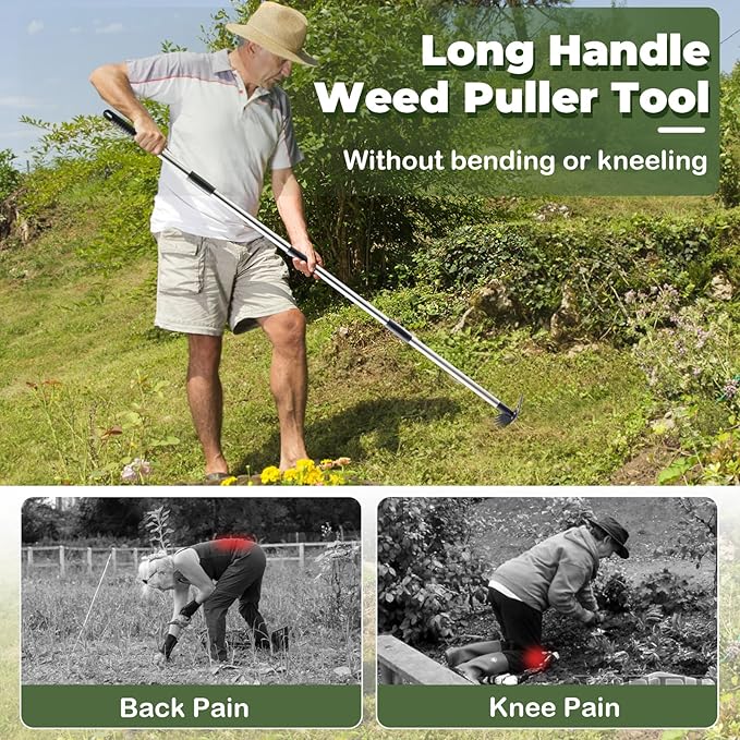 Weed Puller Tool with Long Handle - 60" Manual Weeder Remover Tool, 2 in 1 Hand Weed Rake and